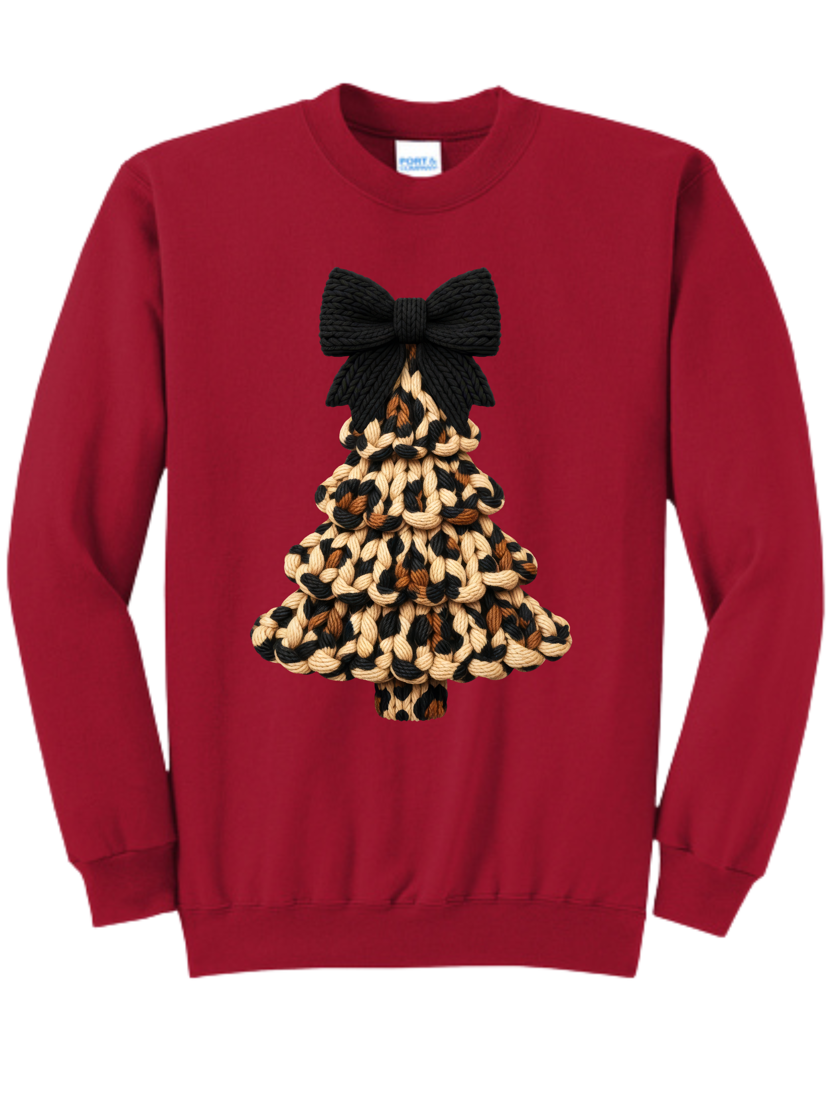 Red sweatshirt with a Christmas tree made of cats and a black bow on the chest