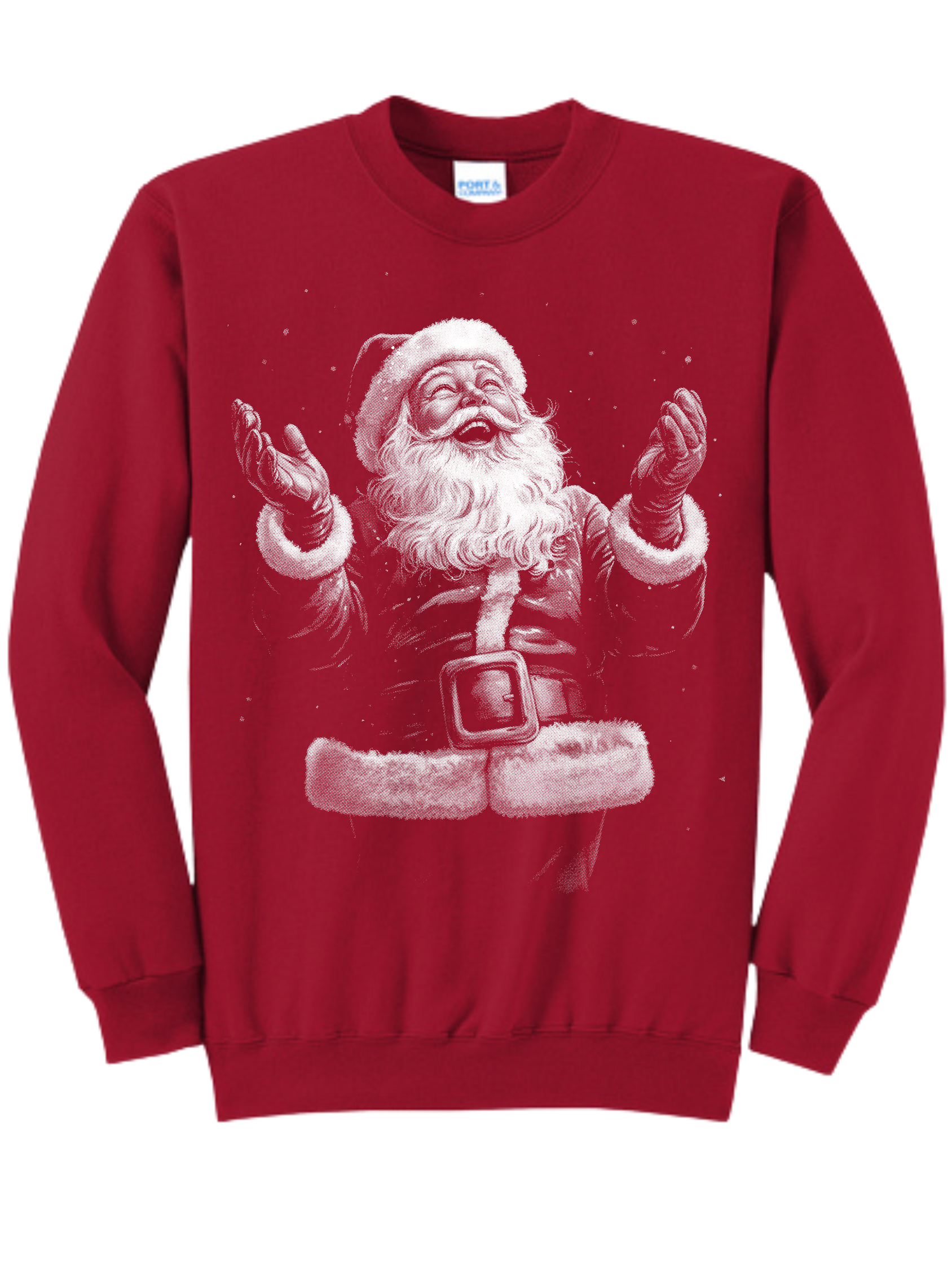 Red sweater with white Santa Claus graphic raising both hands.