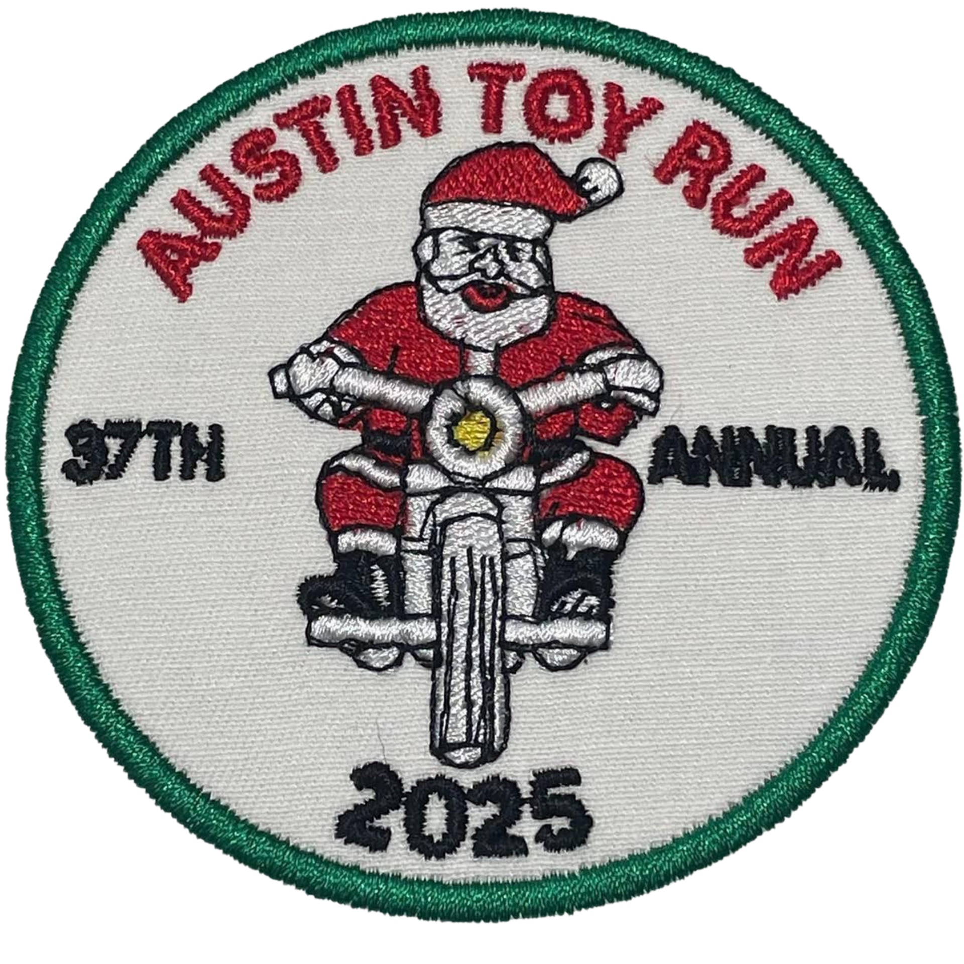 Austin Toy Run 39th annual 2025 patch with Santa on a motorcycle, red, green, and black