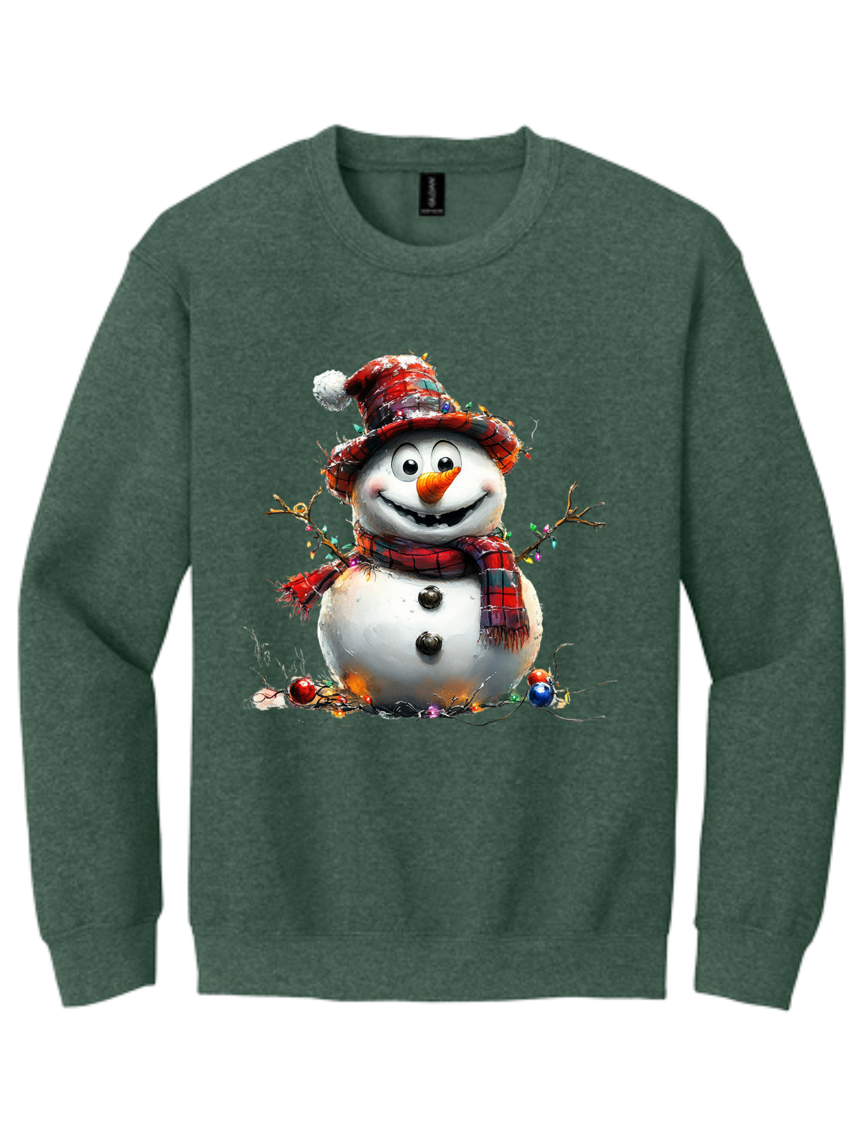 Green sweatshirt with a smiling snowman in a red hat and scarf on the front