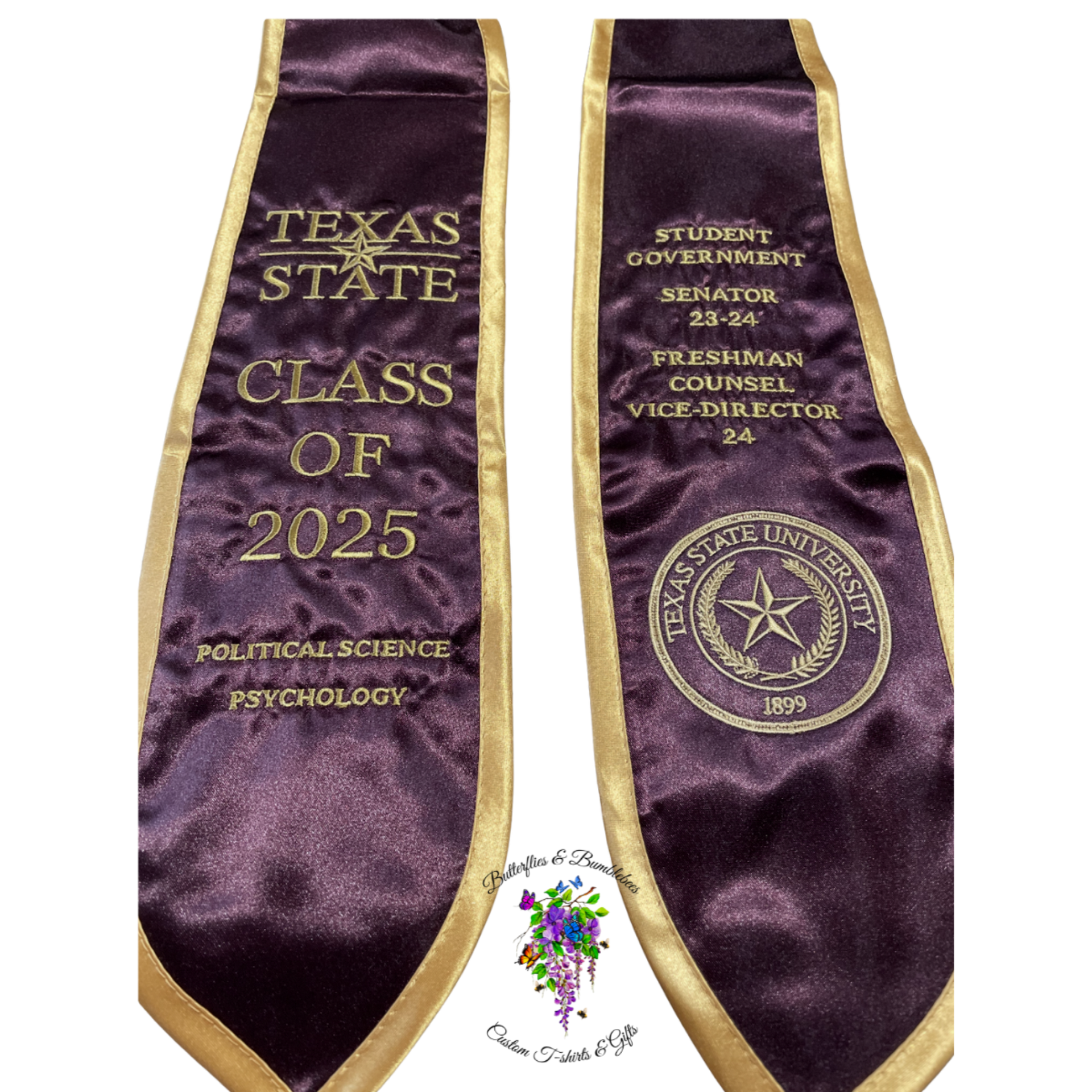 Purple and gold Texas State Class of 2025 stoles with political science and psychology text, shown side by side