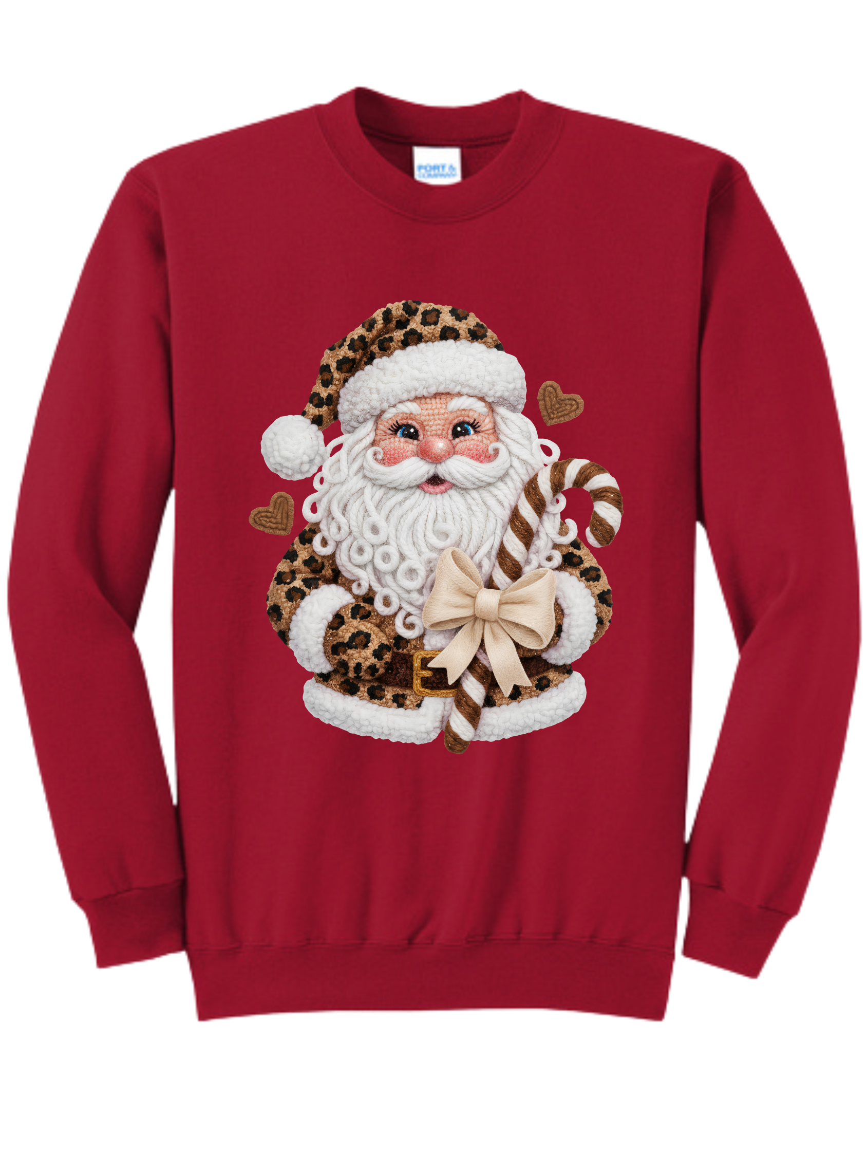 Red sweatshirt with a festive Santa Claus graphic on the front.