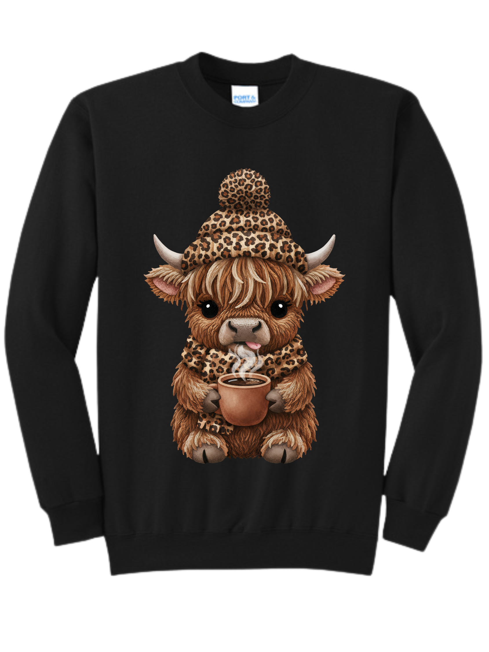 Black sweatshirt with a cute baby alpaca wearing a knit hat and scarf