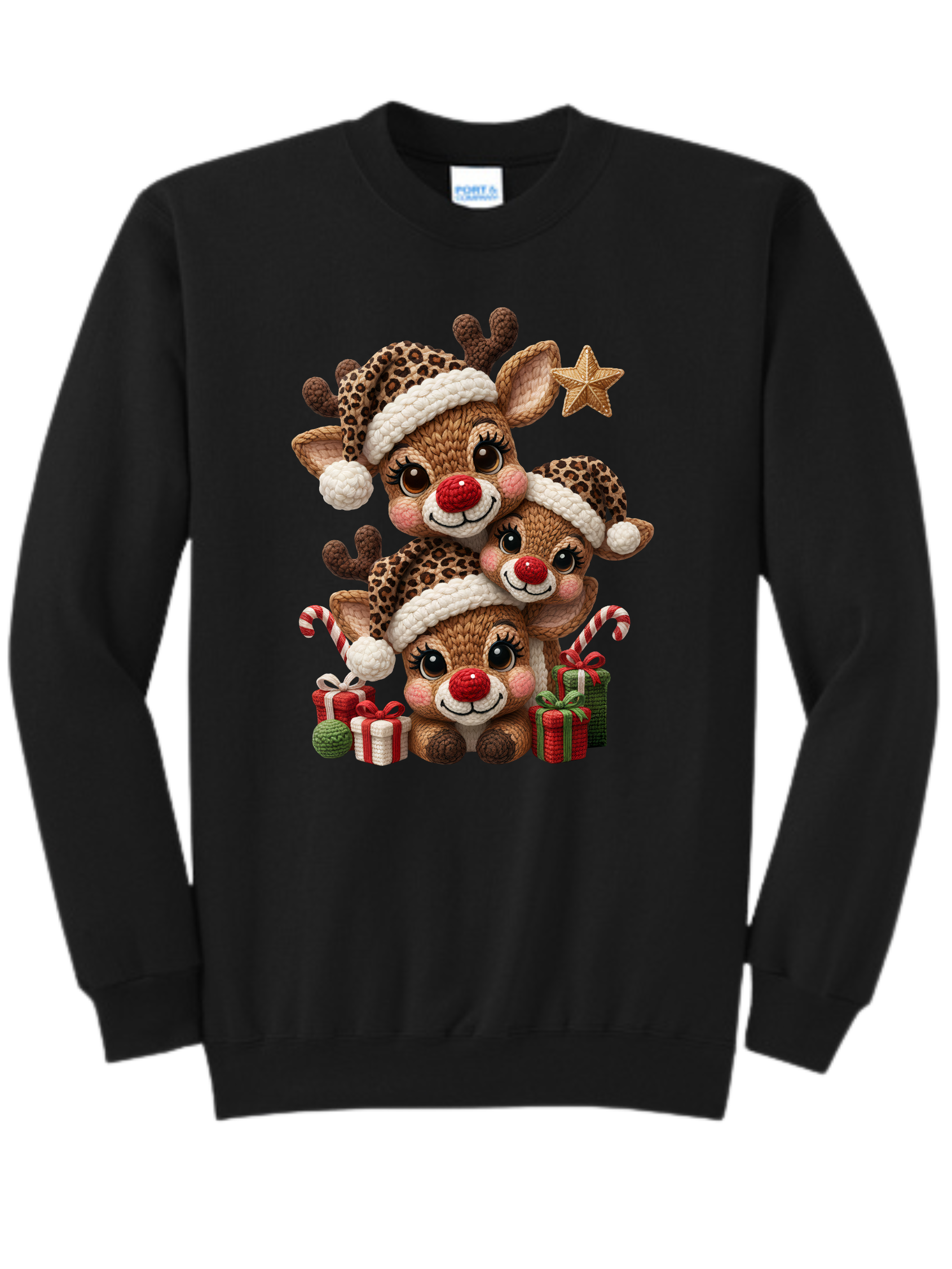 Black sweatshirt with a festive teddy bear Christmas ornament graphic and presents