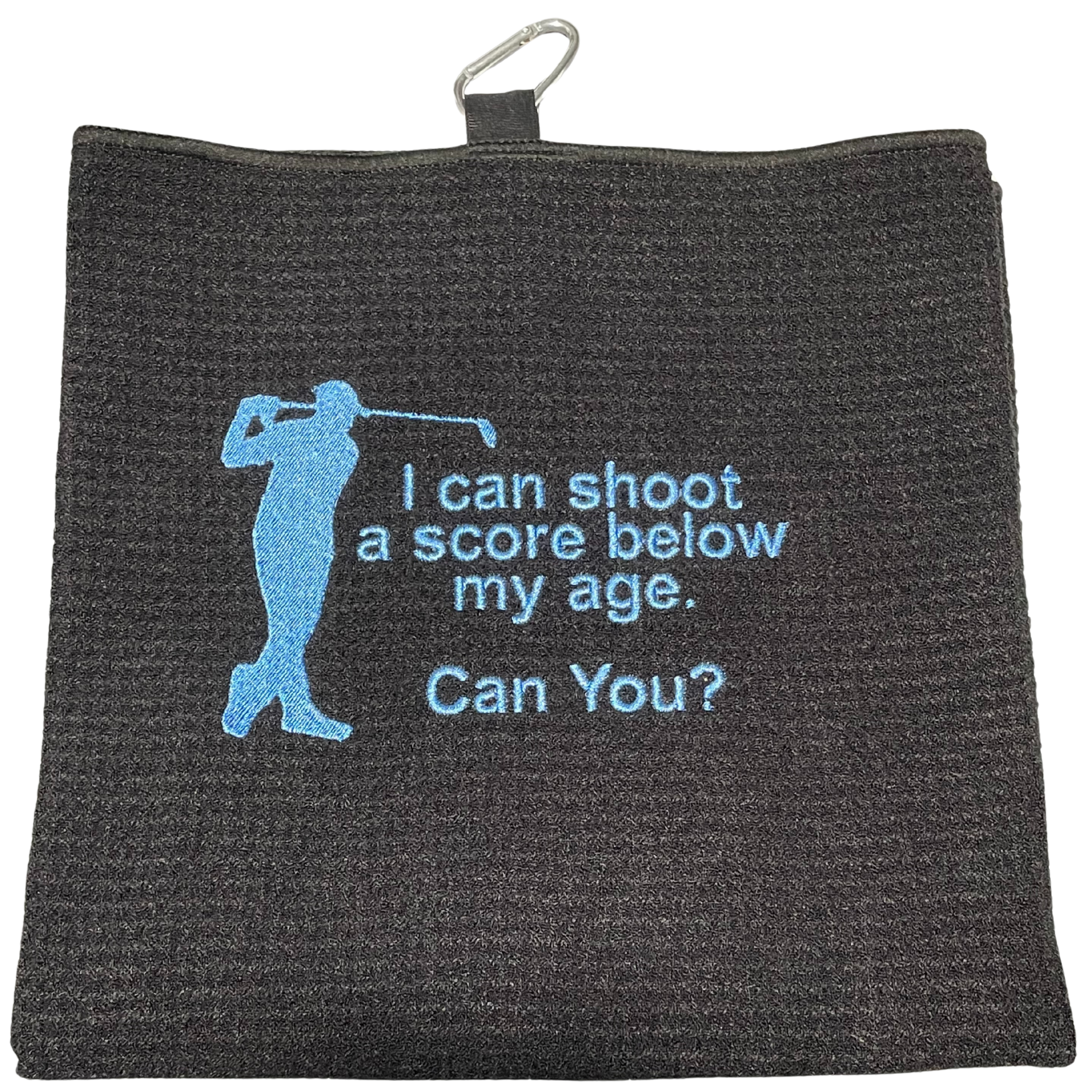 Black zip pouch with a blue golfer silhouette and text: “I can shoot a score below my age. Can You?”