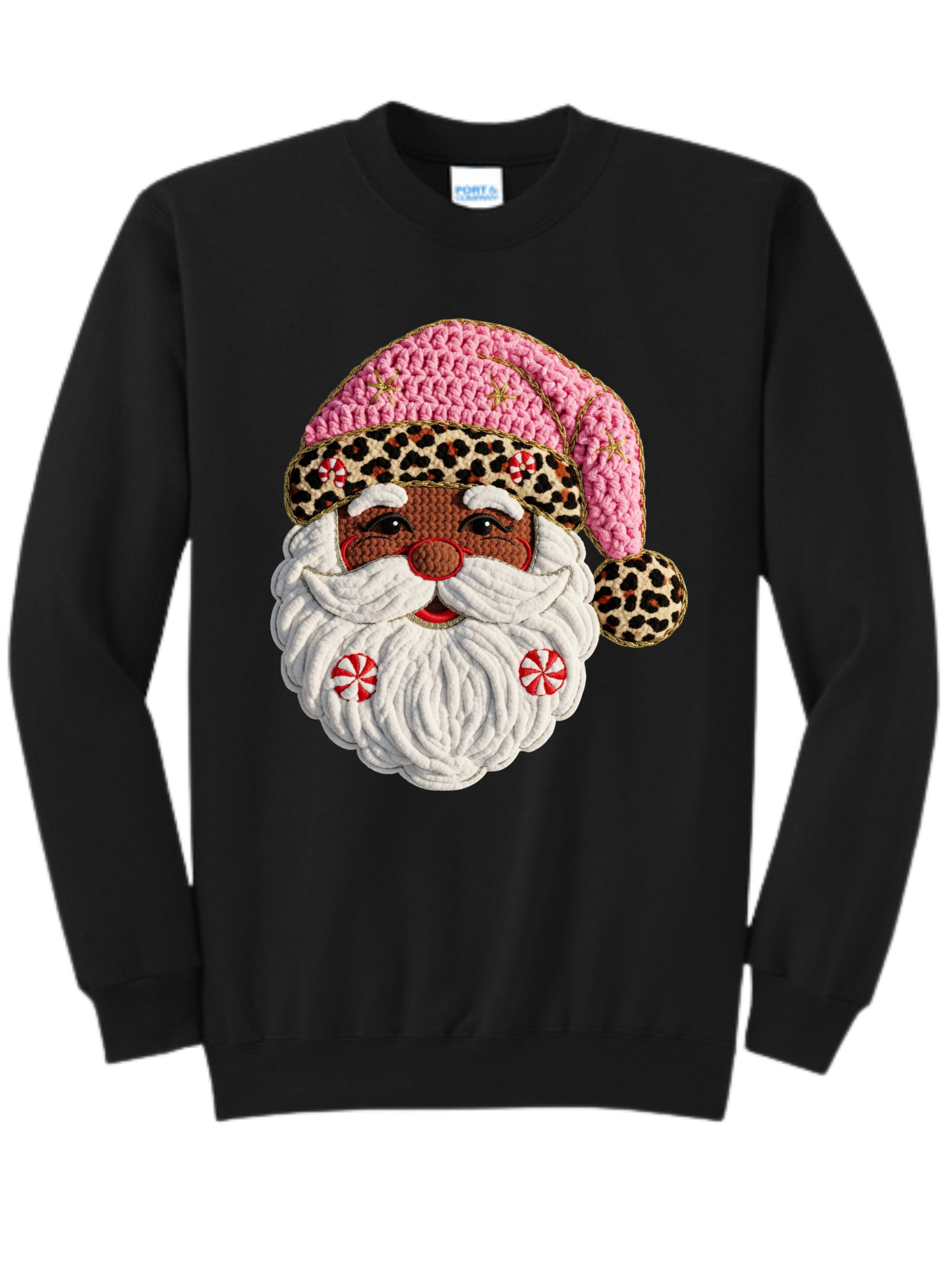 Black sweater with a festive Santa face graphic wearing a pink leopard-print hat and sunglasses