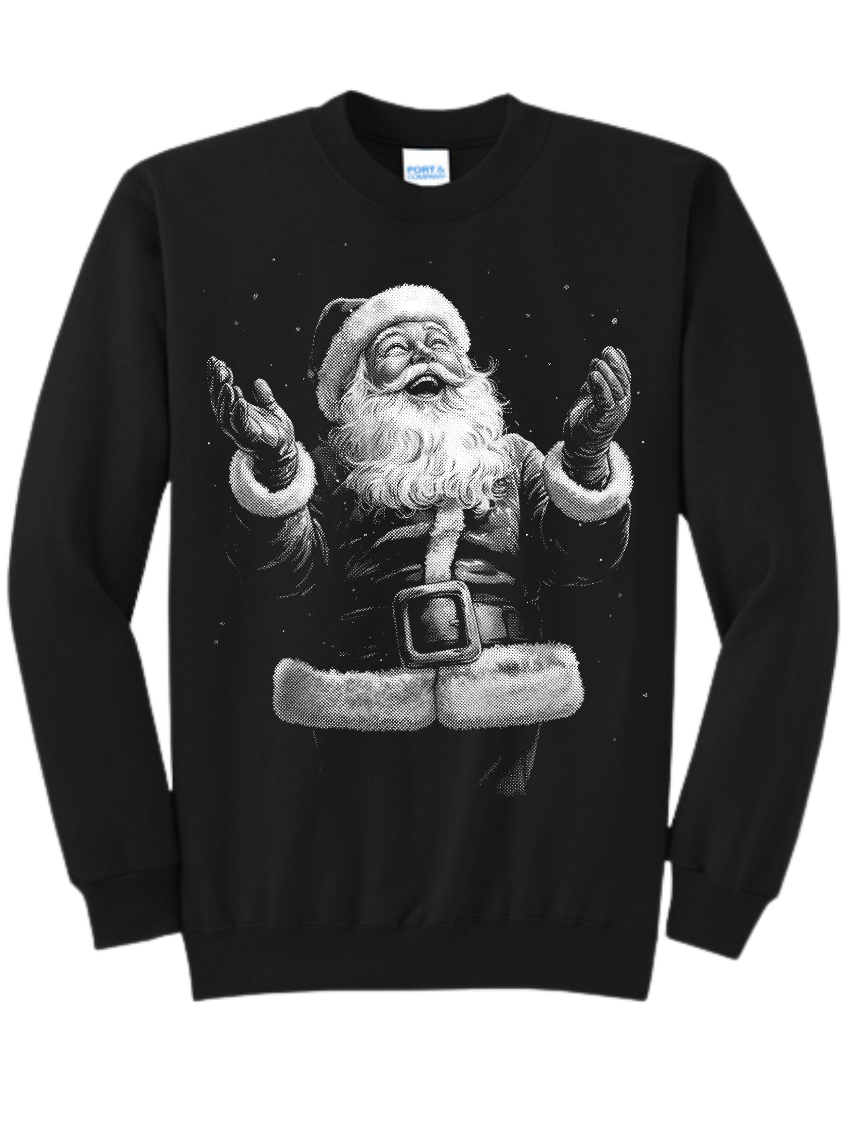 Black sweatshirt with a white Santa Claus graphic on the front