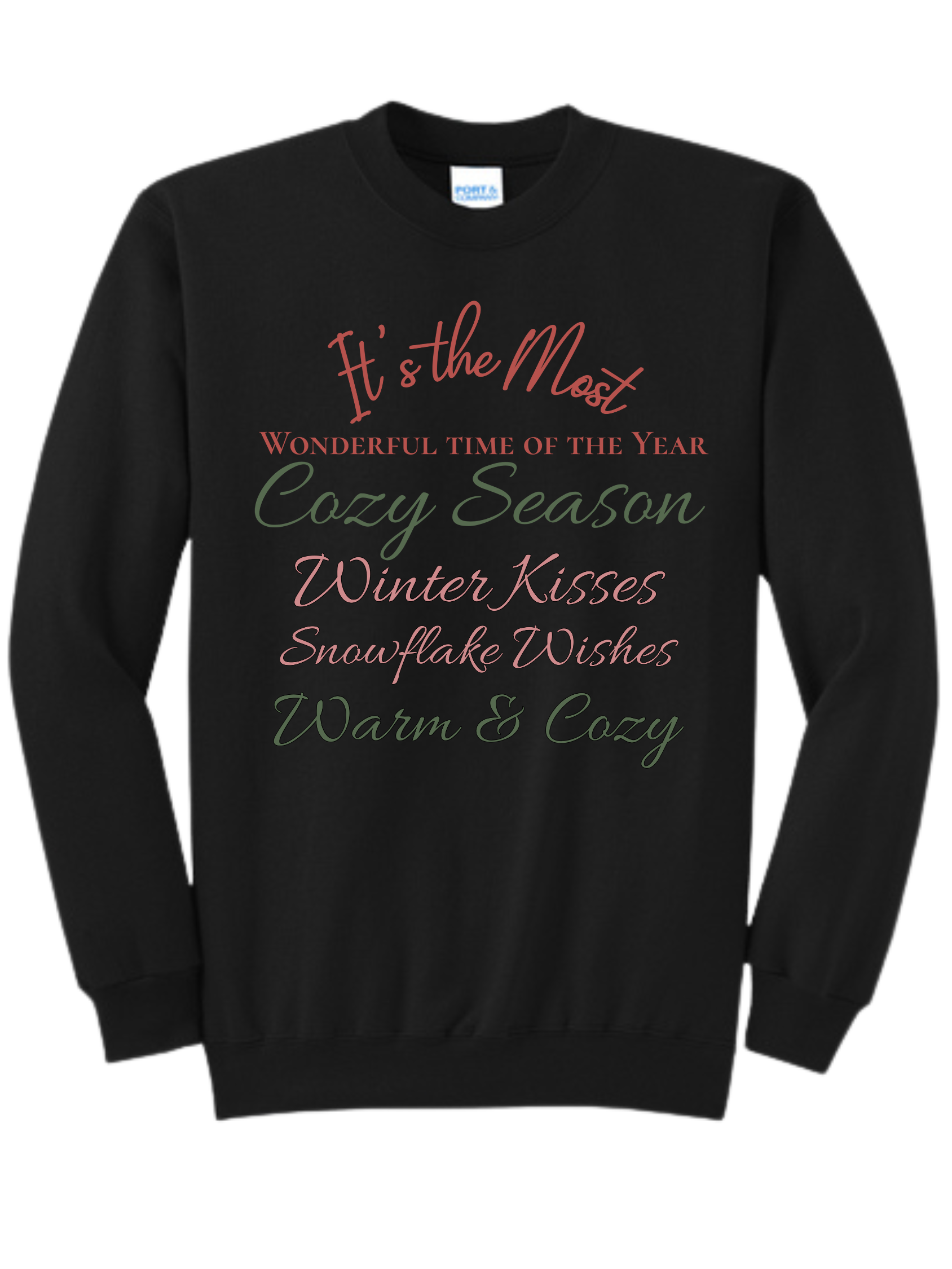 Black sweatshirt with holiday text in red and green: “’Tis the Season” and winter-themed phrases.