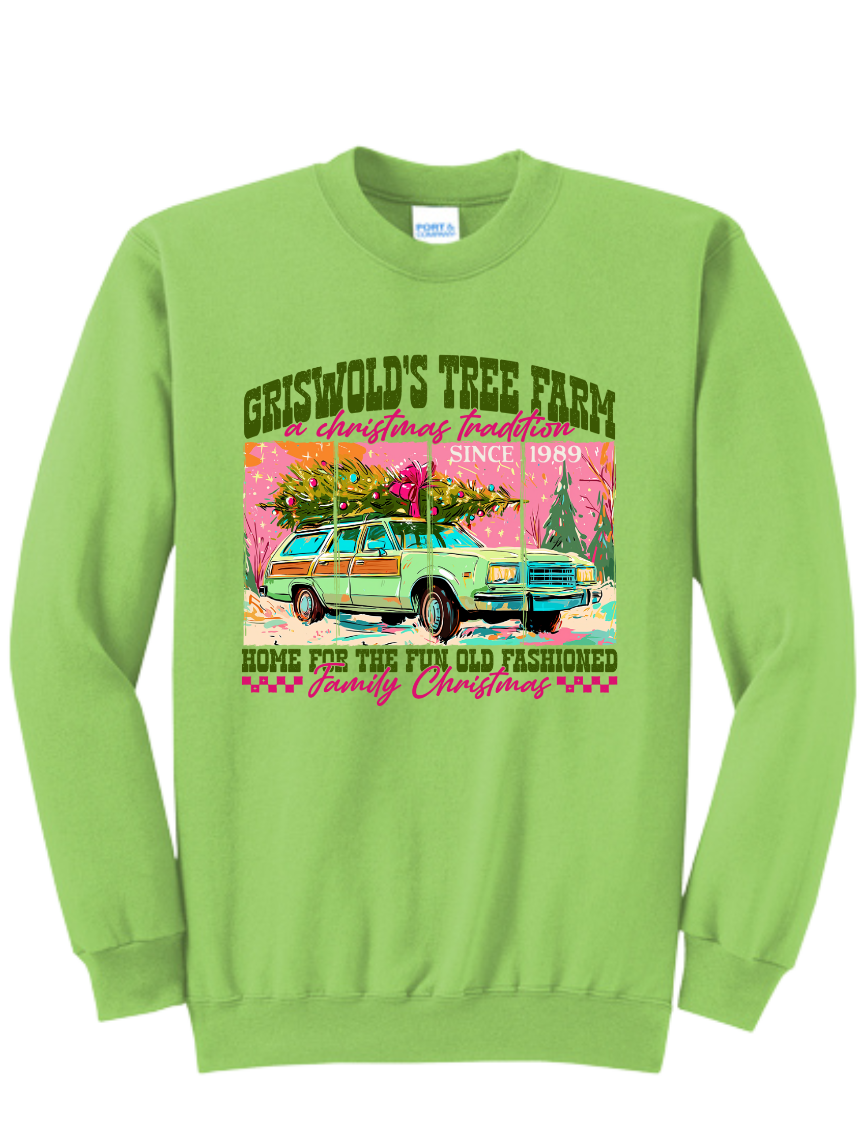 Light green sweatshirt with a colorful tree farm graphic and text on the front