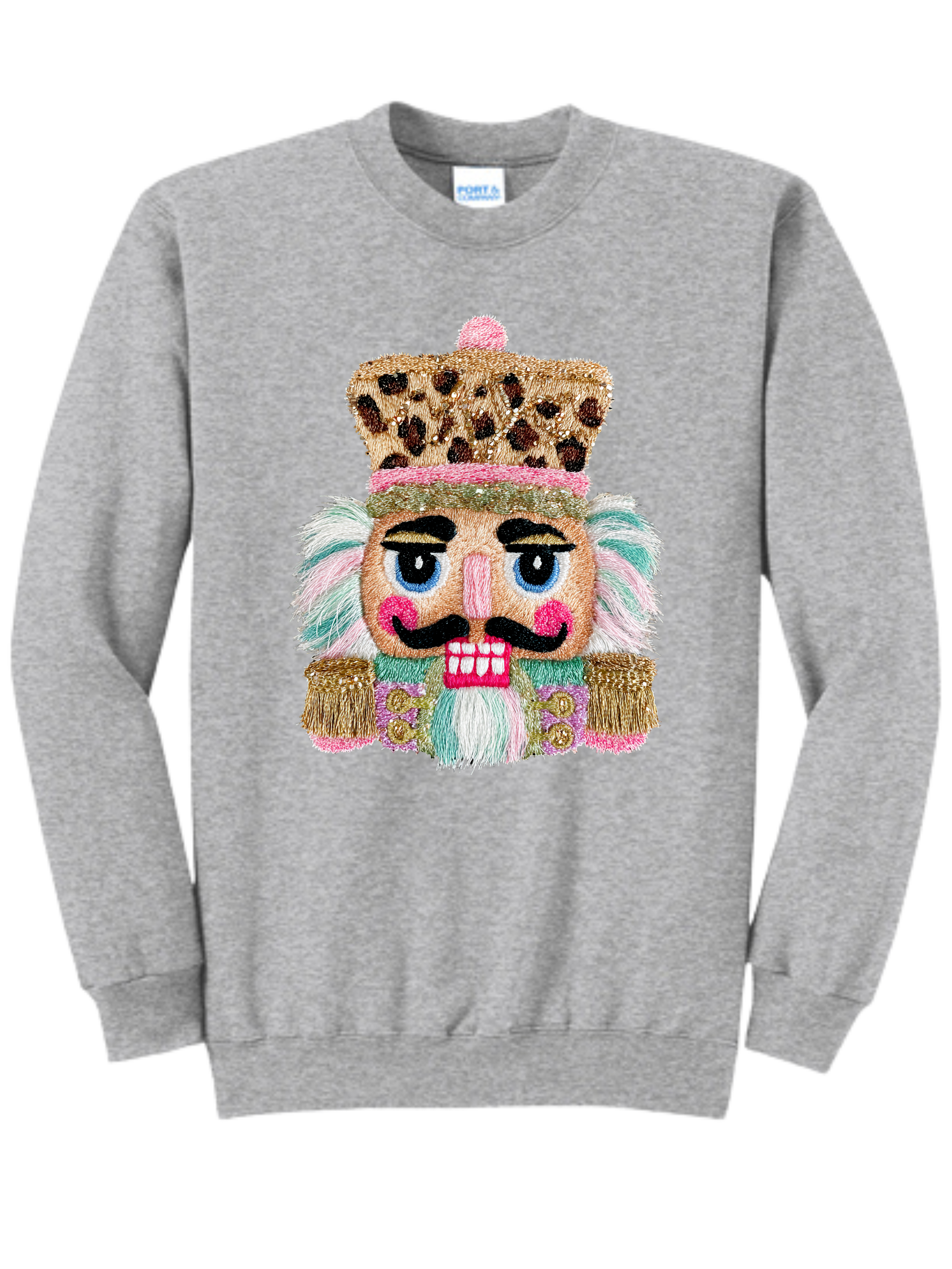 Gray sweatshirt with a colorful cartoon face graphic and leopard-print crown on the front