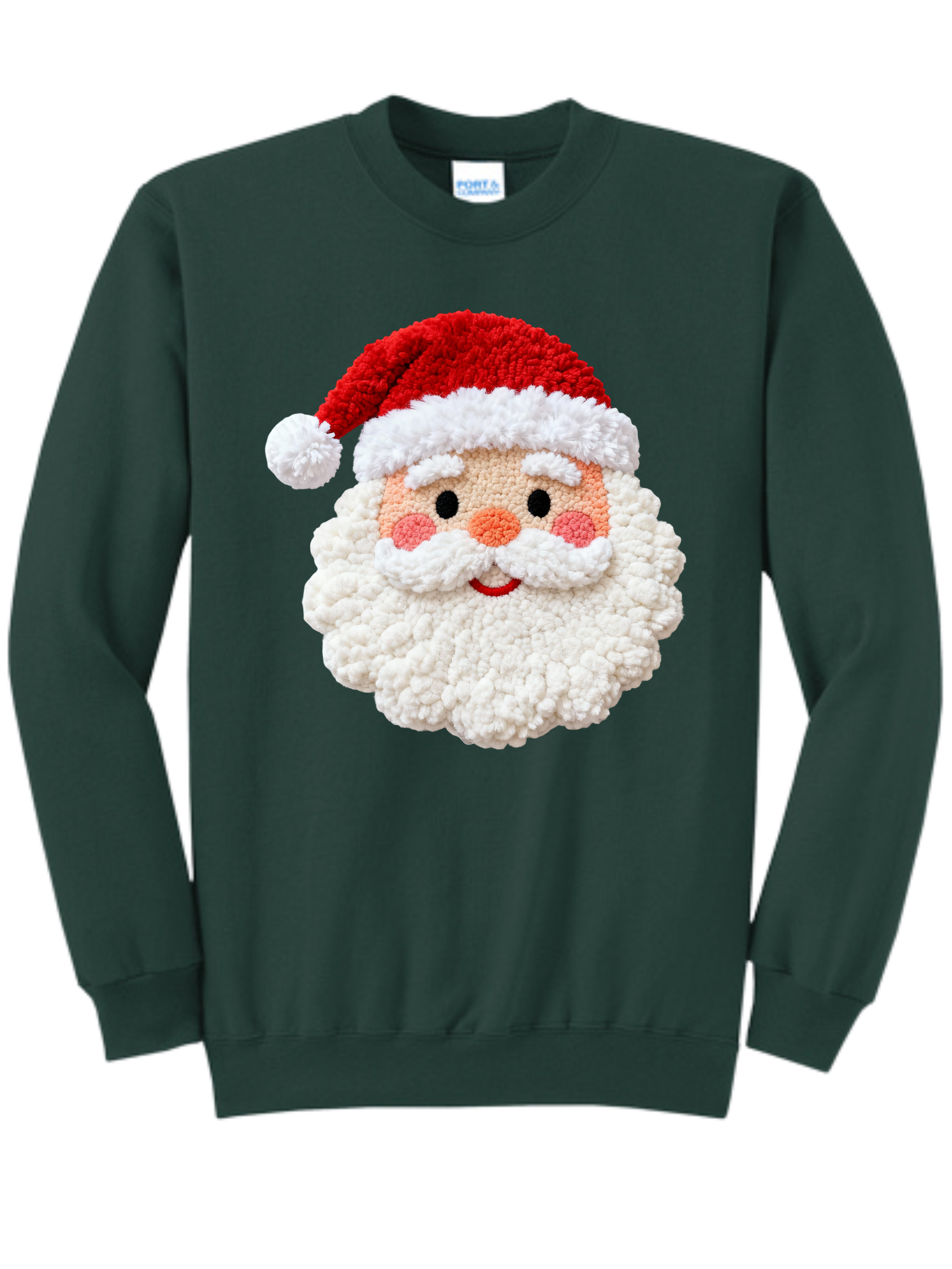 Dark green sweater with a Santa face graphic and red hat