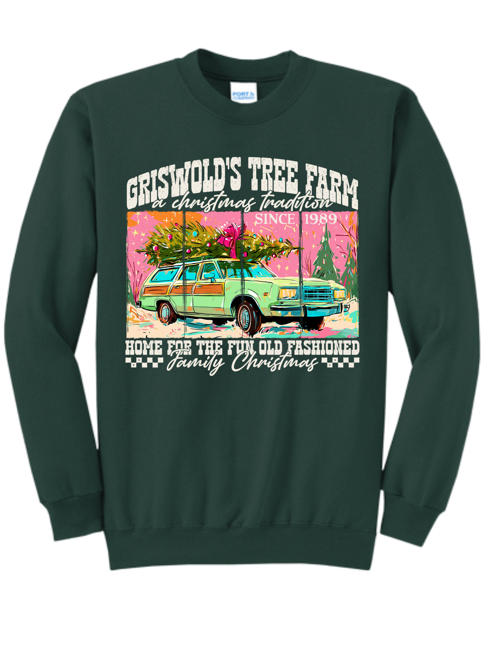 Dark green sweatshirt with colorful front graphic and white text