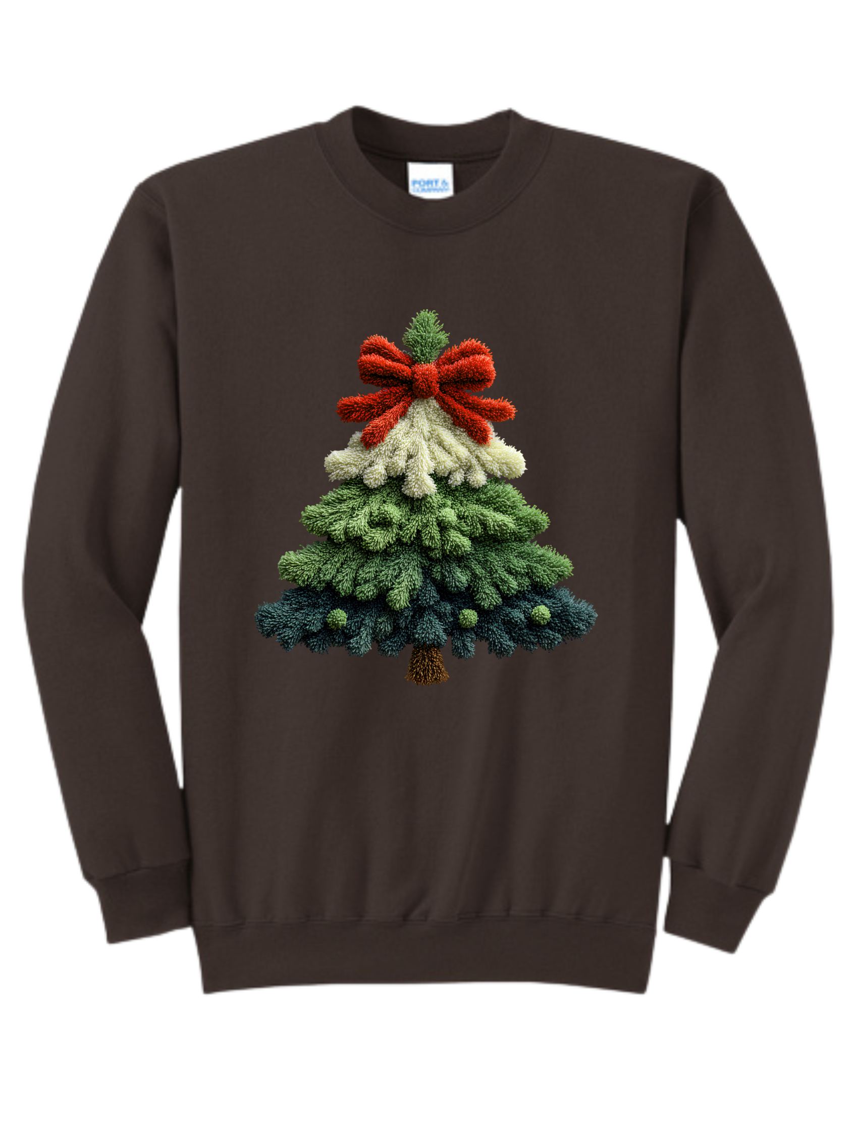 Brown sweatshirt with a Christmas tree made of greenery and a red bow on the front