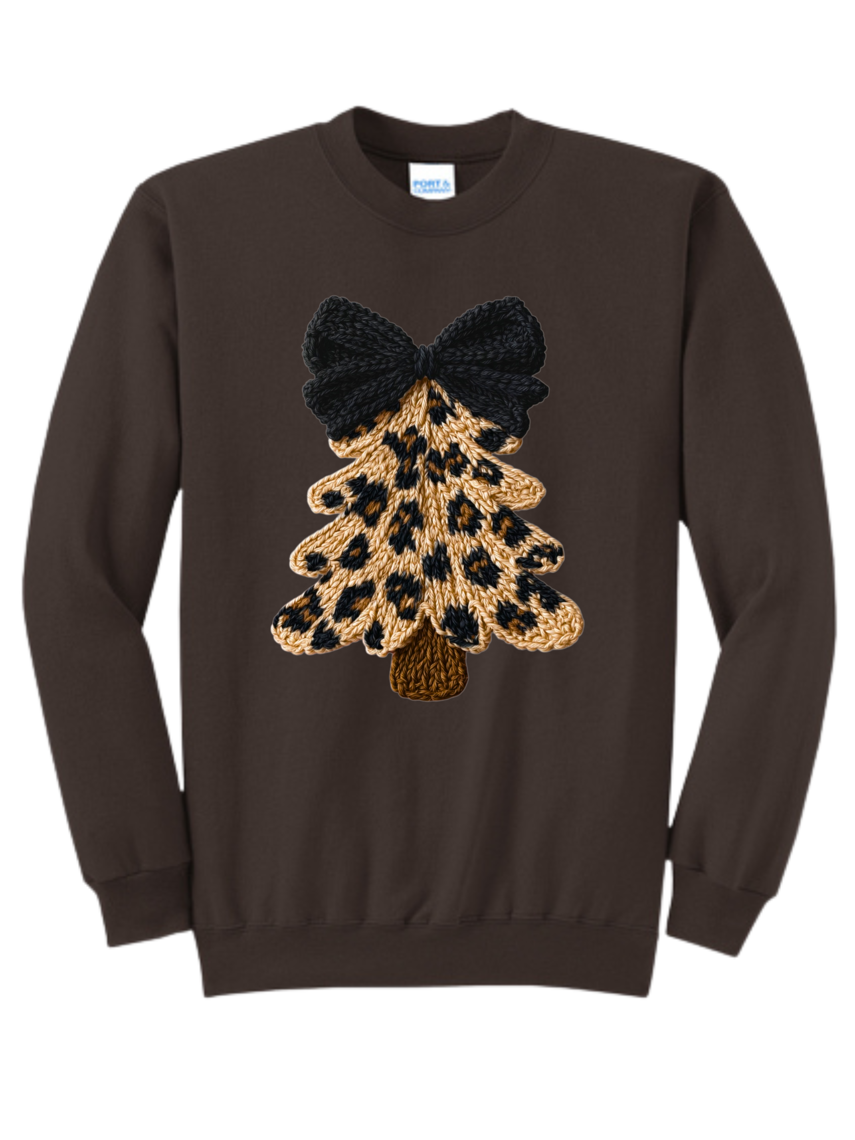 Brown sweatshirt with a leopard-print Christmas tree and black bow design