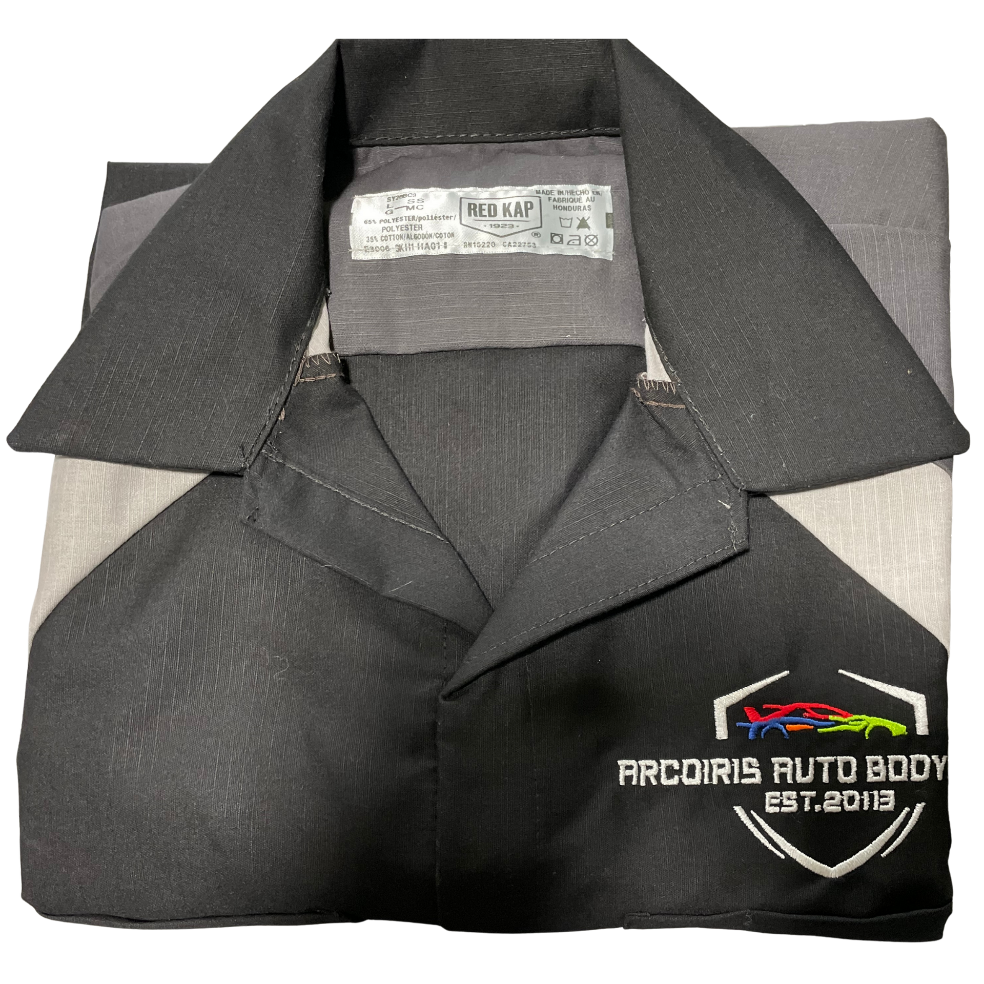 Gray and black collared work shirt embroidered with “ProCoirs Auto Body” logo