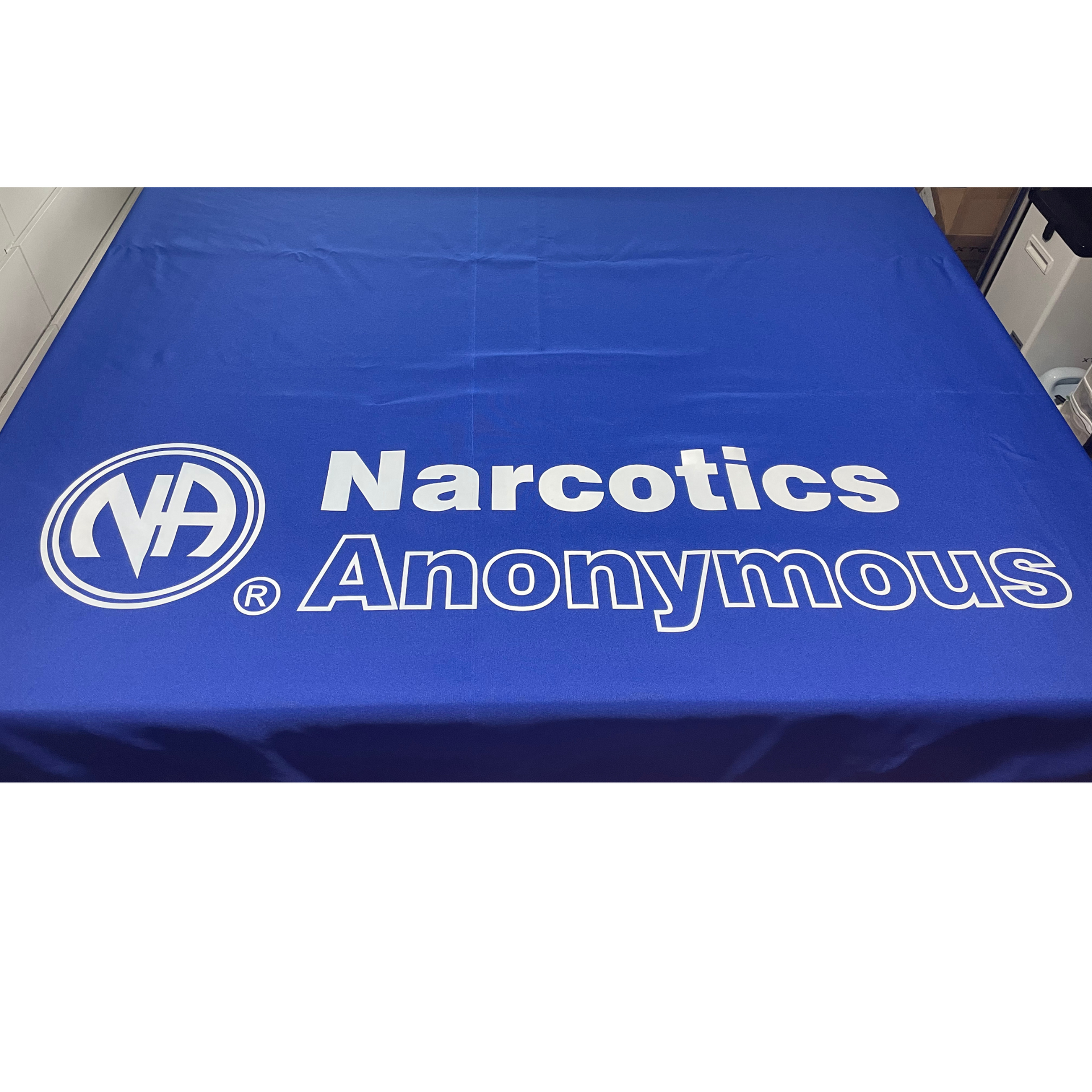 Blue Narcotics Anonymous banner with white logo and text