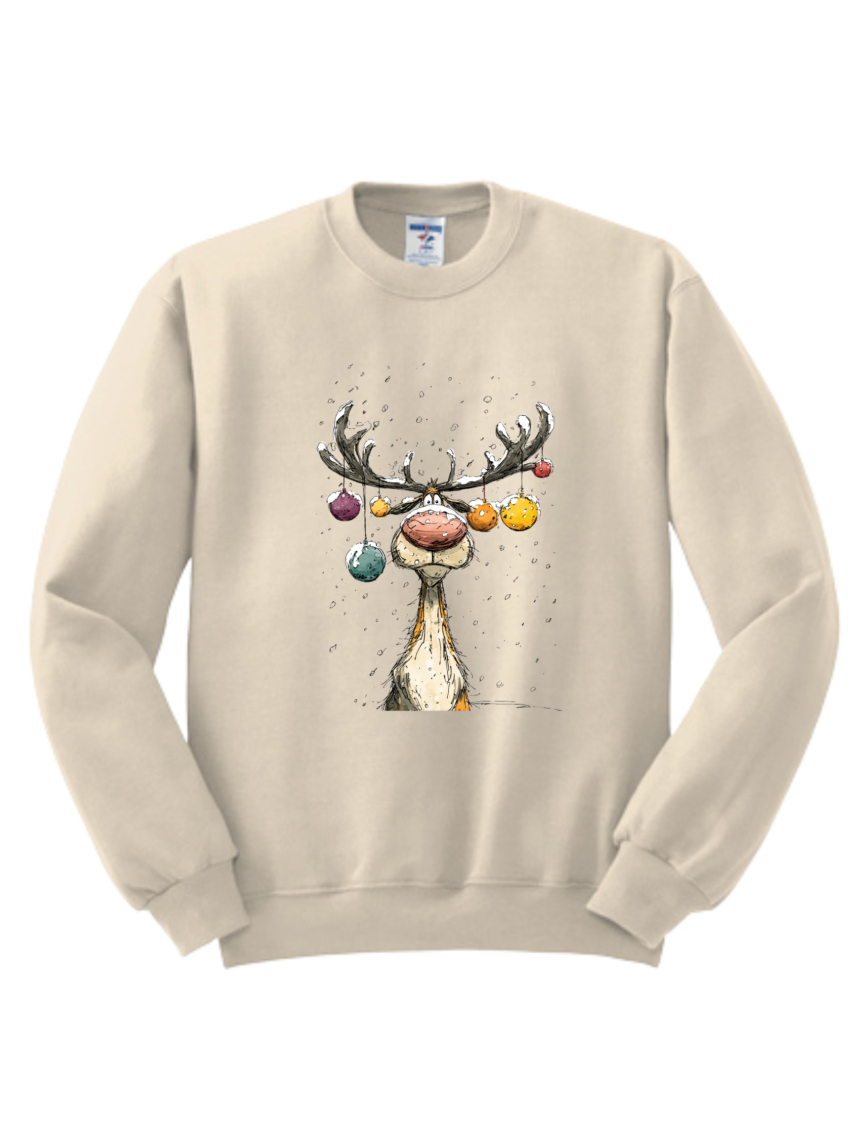 Beige sweatshirt with a colorful deer and antlers graphic on the chest