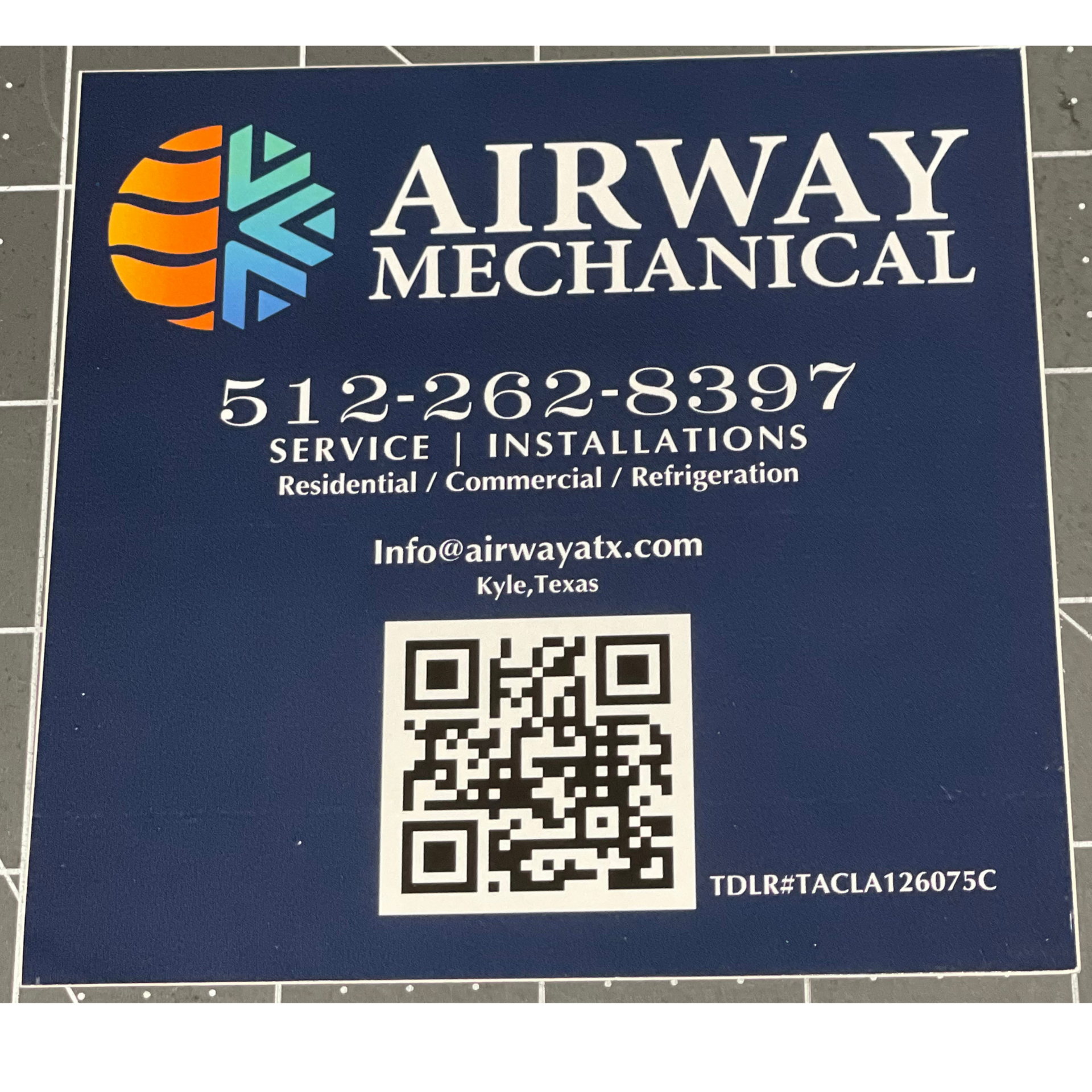 Blue Airway Mechanical sign with phone number, services, website, and QR code