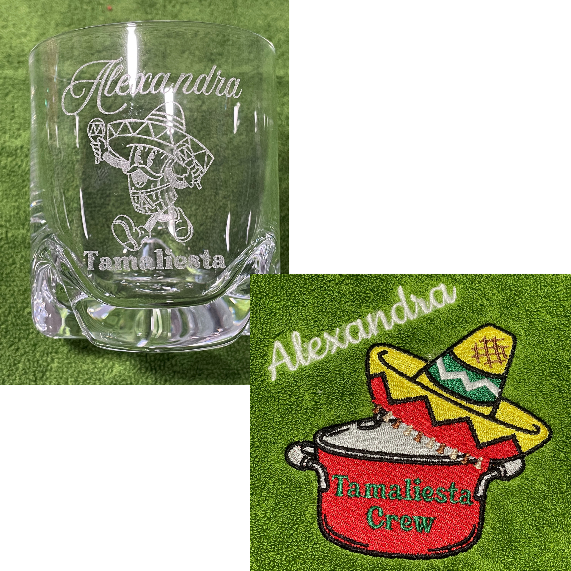 Two embroidered drink sleeves with the name Alexandra: clear and green with a sombrero on a red cup design.