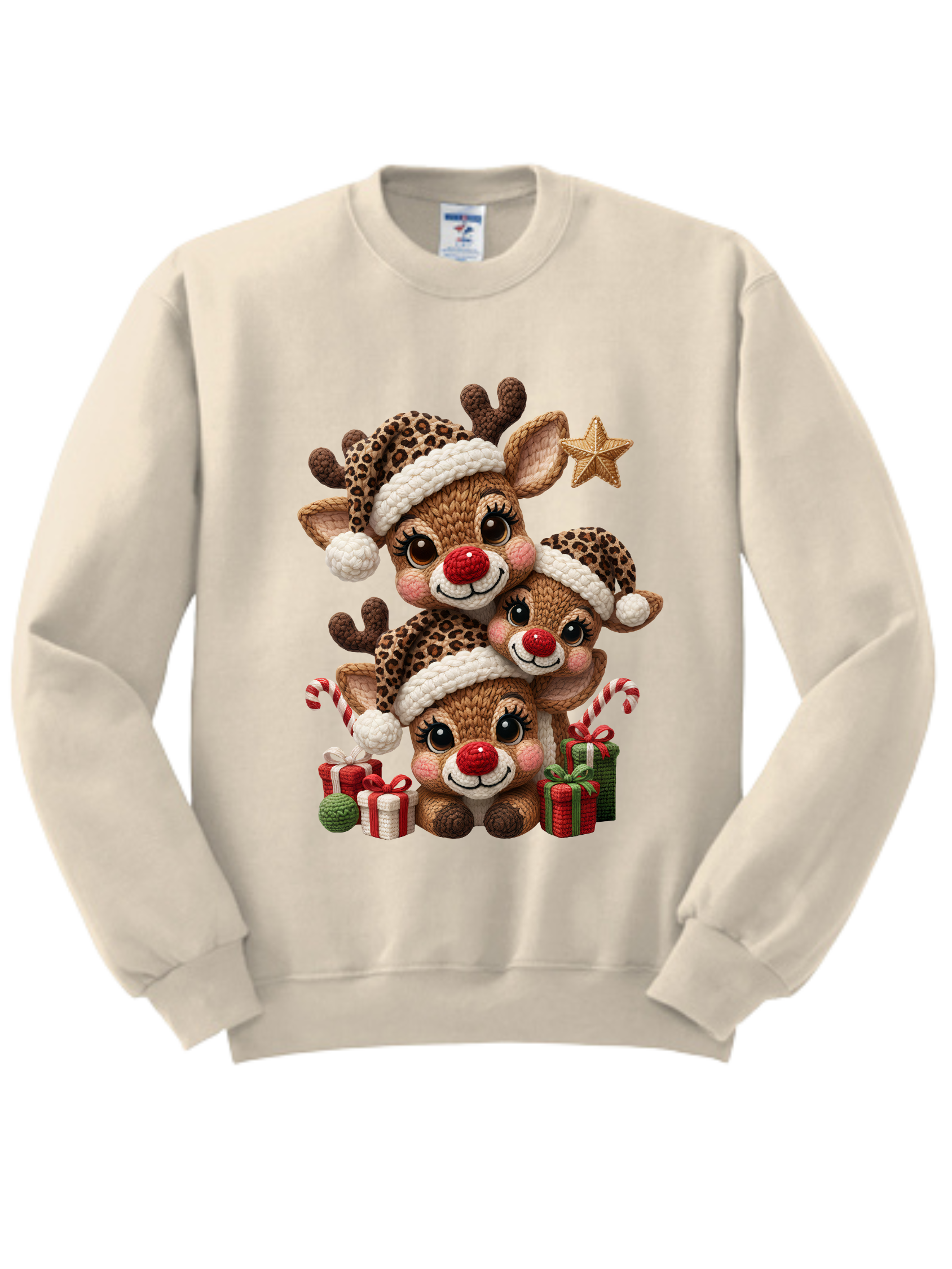 Cream sweatshirt with a festive reindeer and gift graphic on the front