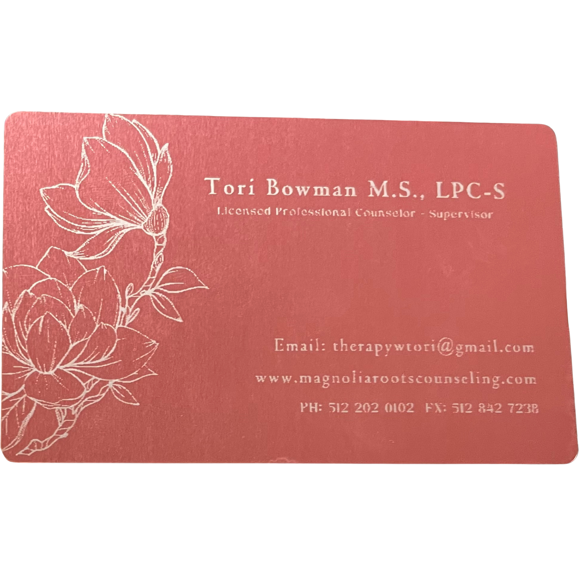 Red business card for Tori Bowman, M.S., LPC-S, with floral line art and contact details