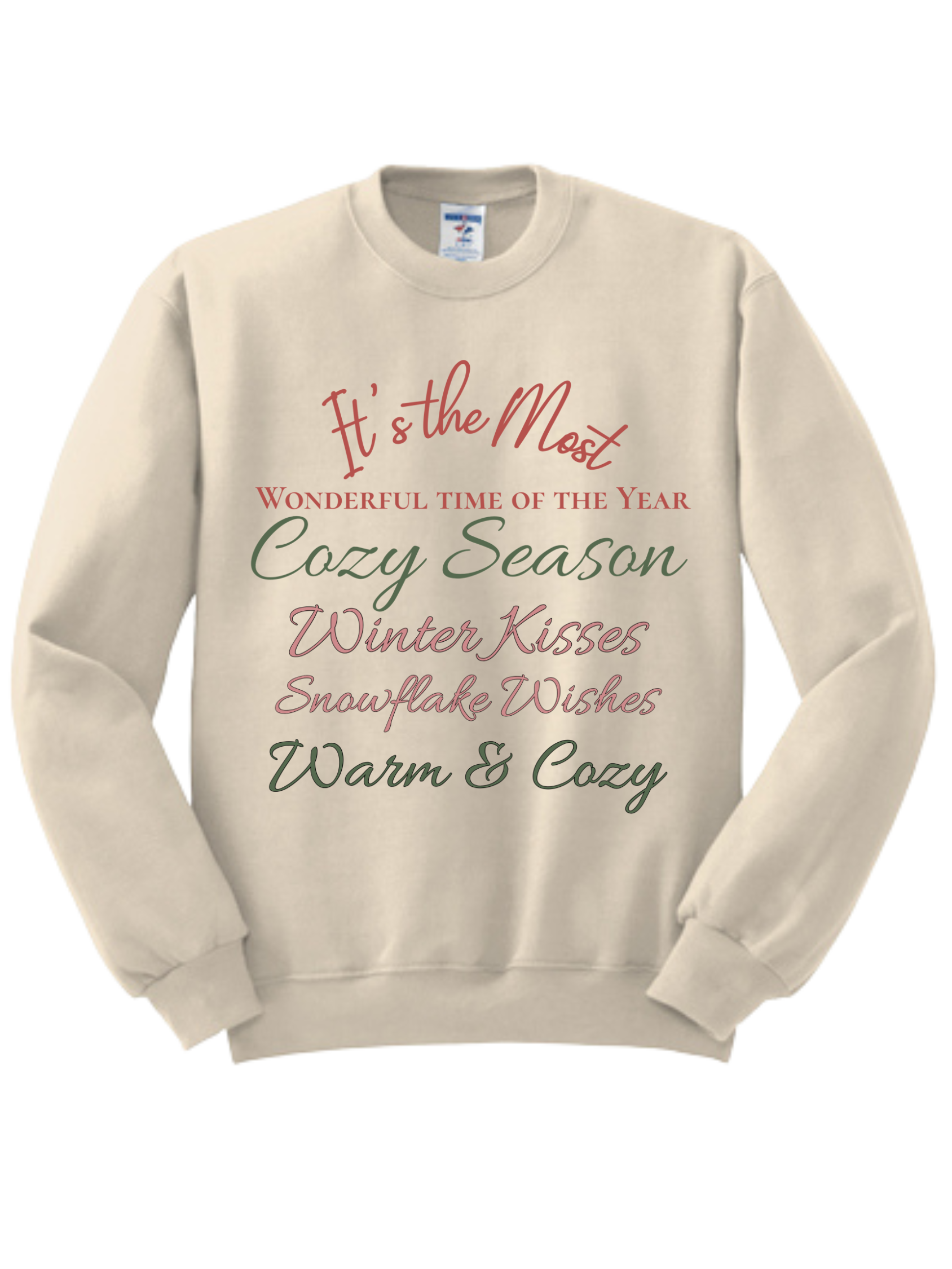 Cream sweatshirt with festive “Cozy Season” holiday text in red and green script.