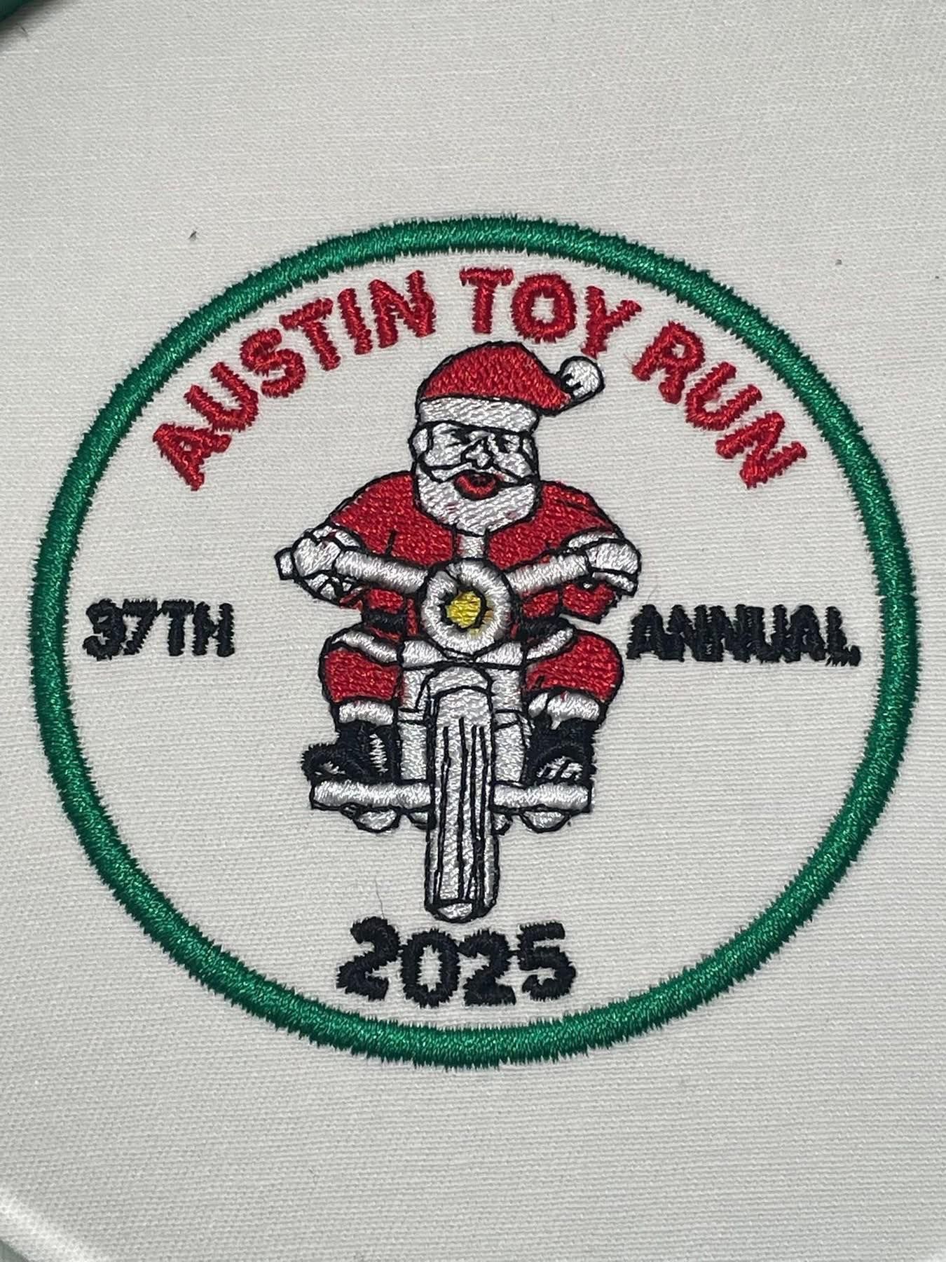 Austin Toy Run 37th Annual 2025 patch with Santa on a motorcycle and green border
