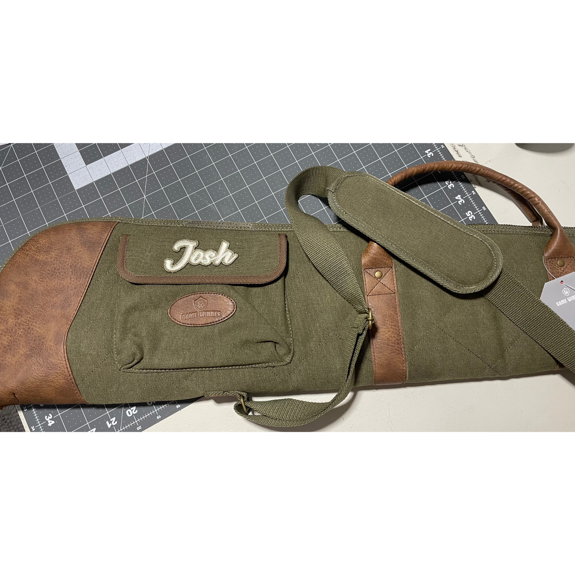 Personalized green-and-brown dog accessory set with 