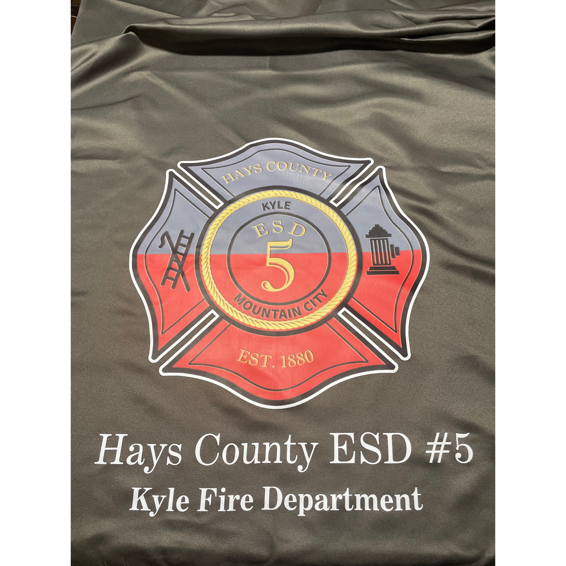 Kyle Fire Department T-shirt with Hays County ESD #5 fire badge in red, gray, and black