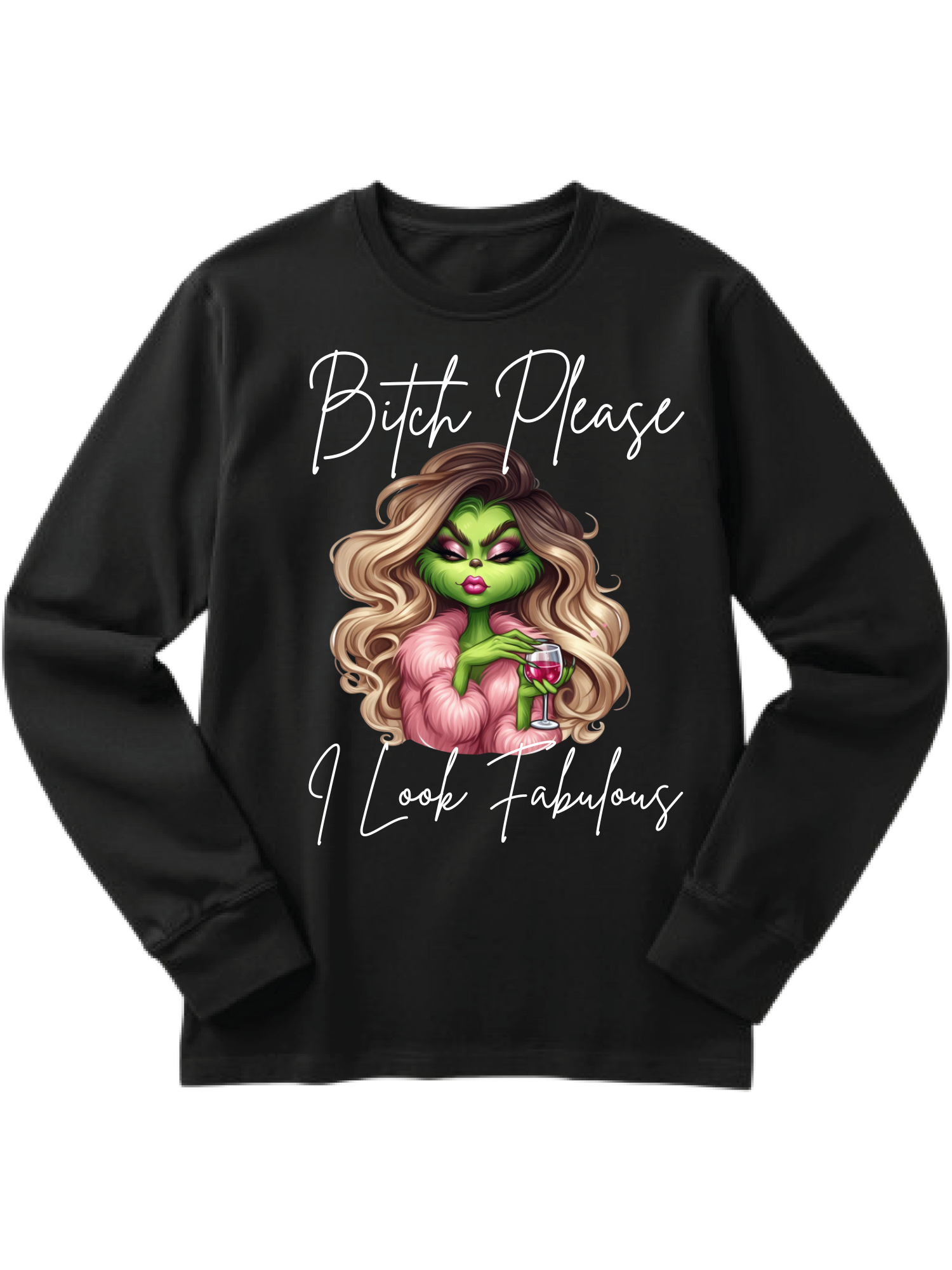 Black sweatshirt with a green-faced witch illustration and the text “Bitch Please I’m a Nightmare”