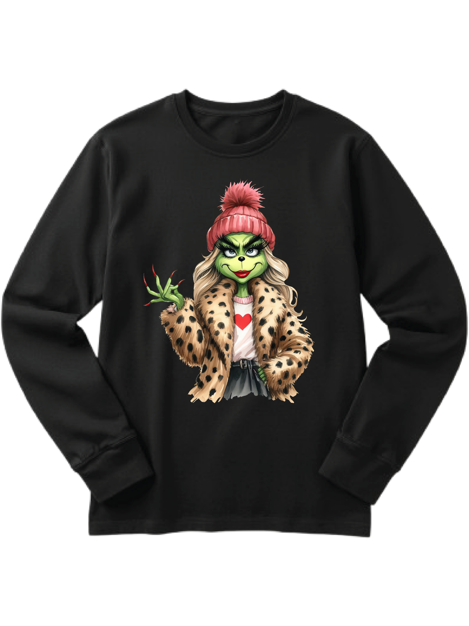 Black sweatshirt with a colorful cartoon goblin in a leopard coat and pink beanie holding a green leaf.