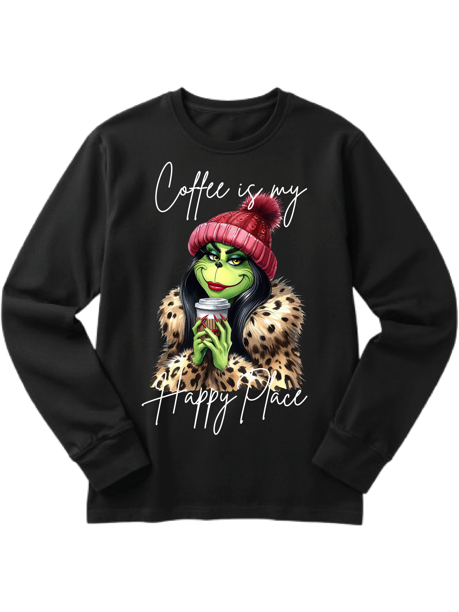 Black sweatshirt with a colorful cat wearing a pink beanie and leopard-print scarf, with handwritten text.