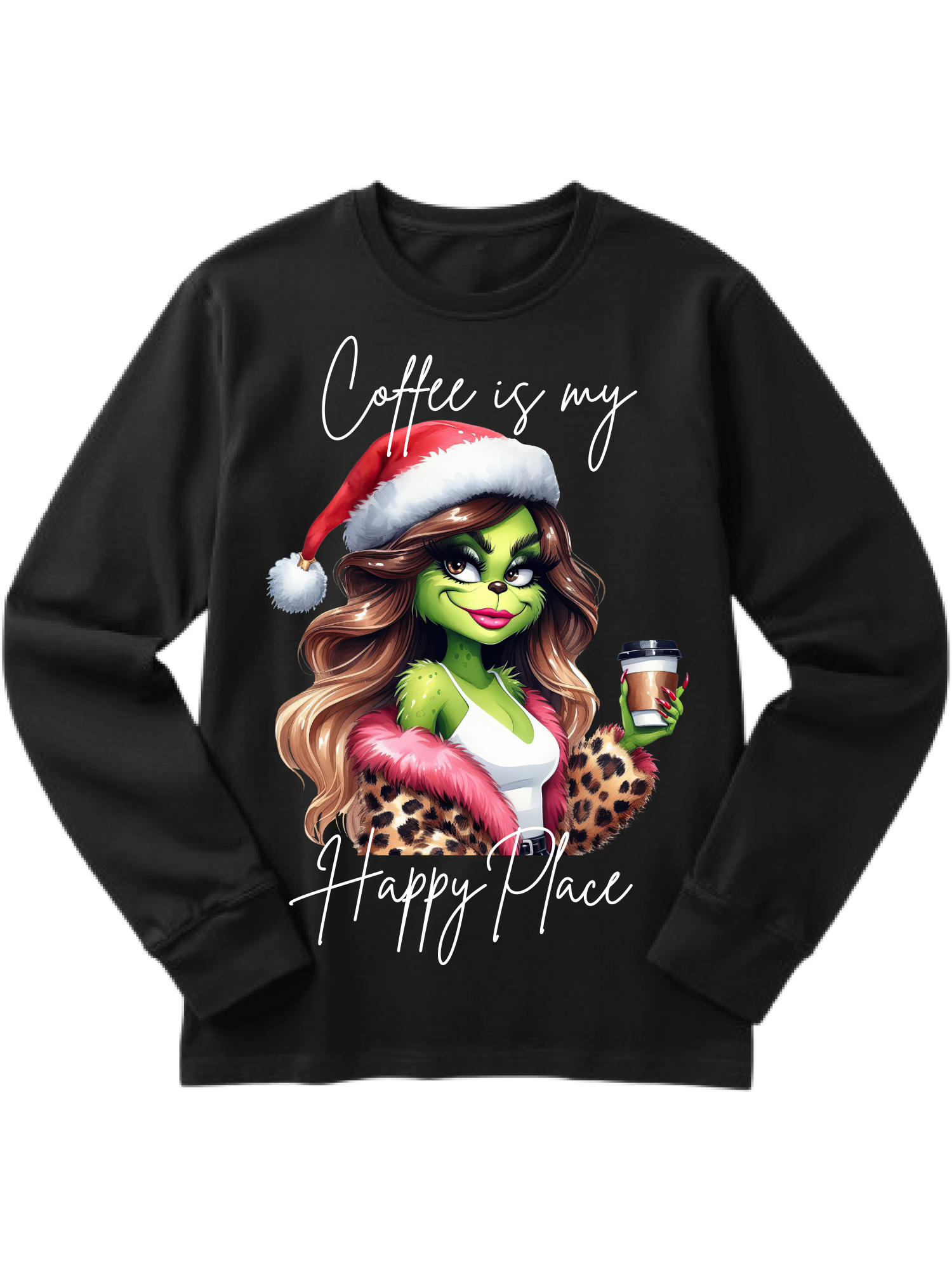 Black sweatshirt with festive cartoon cat in Santa hat holding coffee and text “Coffee is my happy place”