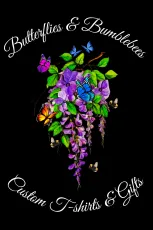 Butterflies and flowers around a purple bouquet, with &ldquo;Butterflies & Bumblebees&rdquo; and &ldquo;Custom T-Shirts & Gifts&rdquo; text