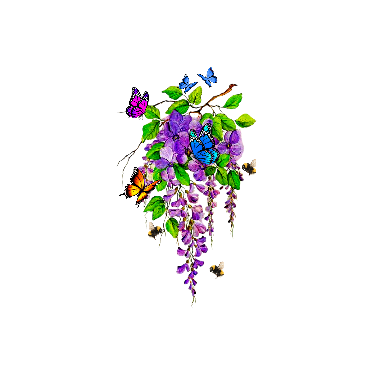Colorful bouquet of purple wisteria and butterflies on a white background