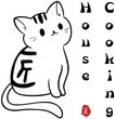 Cartoon white cat with black markings beside the word “House Cooking” on a white background