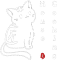 Cute outlined cat coloring page with letters along the right side and a small red stamp at the bottom.