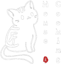 Cute outlined cat coloring page with letters along the right side and a small red stamp at the bottom.