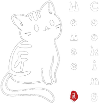 Cute outlined cat coloring page with letters along the right side and a small red stamp at the bottom.