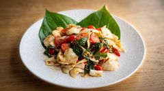 Plated seafood pasta salad with herbs, cherry tomatoes, and greens on a white dish
