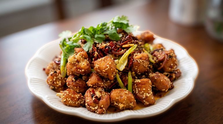 Plate of crispy glazed chicken garnished with cilantro and lemon slices on a white platter