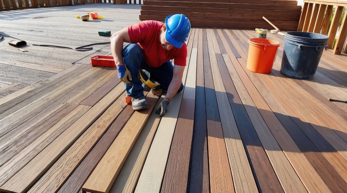 Worker kneeling on wooden deck boards with power tool, wearing blue hard hat and red shirt; buckets nearby.