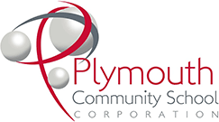 Logo with the word Plymouth Community School Corporation in red and gray letters