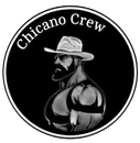 Black-and-white circular logo reading &ldquo;Chicano Crew&rdquo; with a muscular cowboy illustration
