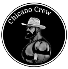 Black-and-white circular logo reading &ldquo;Chicano Crew&rdquo; with a muscular cowboy illustration