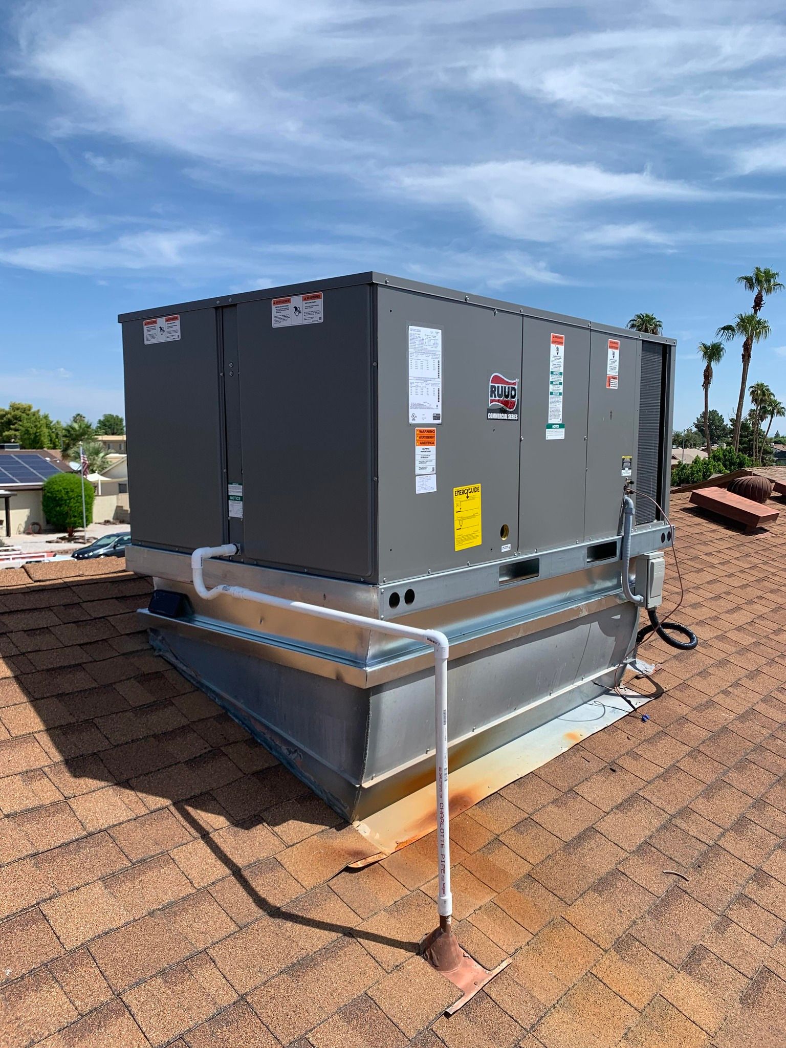 Gray rooftop HVAC unit on a flat roof with copper piping and blue sky background
