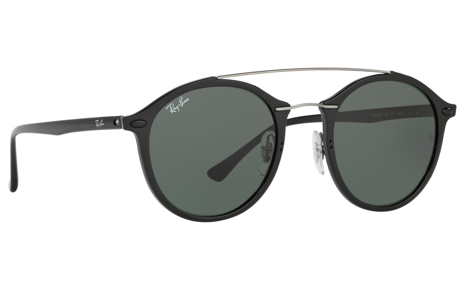 Un par de gafas de sol Ray-Ban redondas con marco negro y lentes verdes sobre fondo blanco.