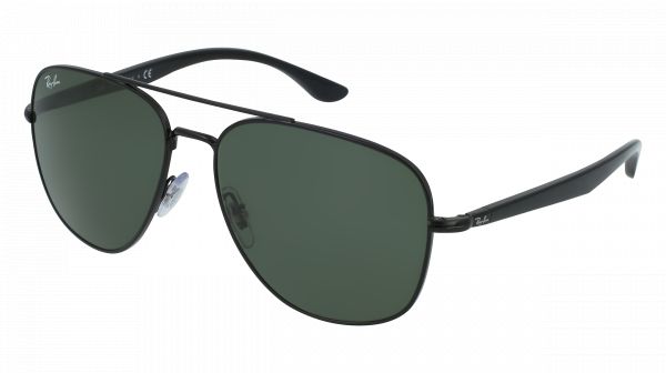 Un par de gafas de sol Ray-Ban con marco negro y lentes verdes sobre fondo blanco.