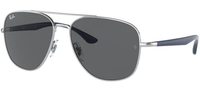 Un par de gafas de sol Ray-Ban con marco plateado y lentes negros sobre fondo blanco.