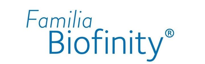 Un logotipo azul para la familia biofinity sobre un fondo blanco.